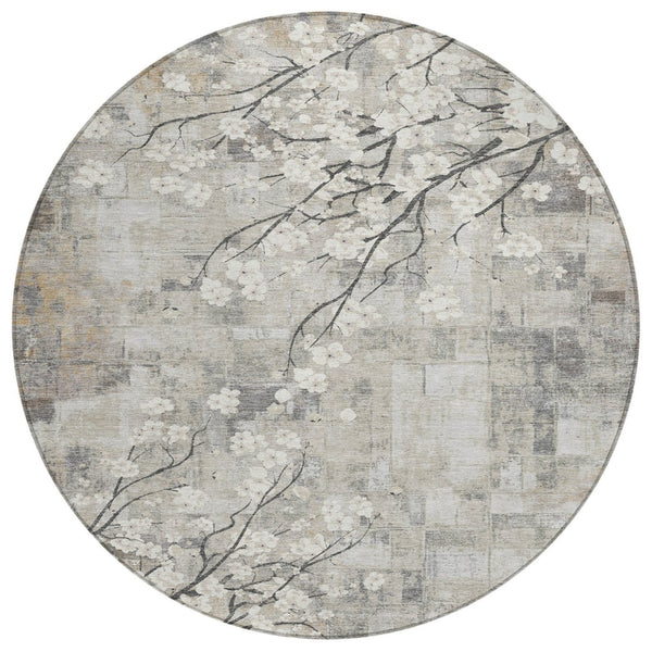 HomeRoots 8' Beige Ivory and Gray Round Floral Area Rug - Washable, Durable, Indoor/Outdoor Charm for Any Space 640363