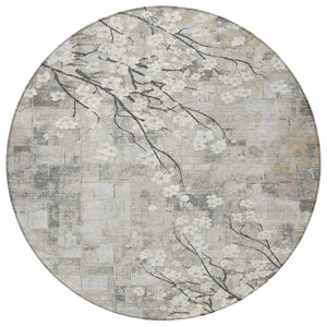 HomeRoots 8' Beige Ivory and Gray Round Floral Area Rug - Washable, Durable, Indoor/Outdoor Charm for Any Space 640363