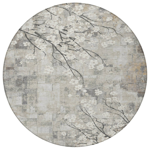HomeRoots 8' Beige Ivory and Gray Round Floral Area Rug - Washable, Durable, Indoor/Outdoor Charm for Any Space 640363