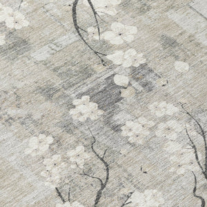 HomeRoots 8' Beige Ivory and Gray Round Floral Area Rug - Washable, Durable, Indoor/Outdoor Charm for Any Space 640363