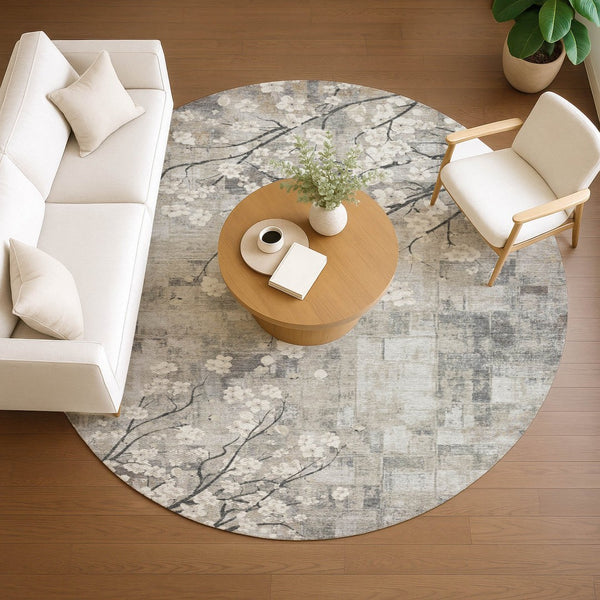 HomeRoots 8' Beige Ivory and Gray Round Floral Area Rug - Washable, Durable, Indoor/Outdoor Charm for Any Space 640363