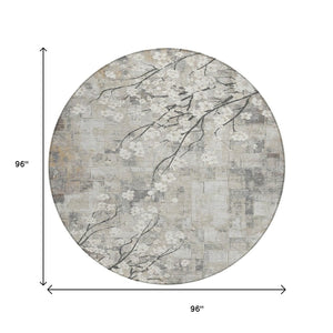 HomeRoots 8' Beige Ivory and Gray Round Floral Area Rug - Washable, Durable, Indoor/Outdoor Charm for Any Space 640363