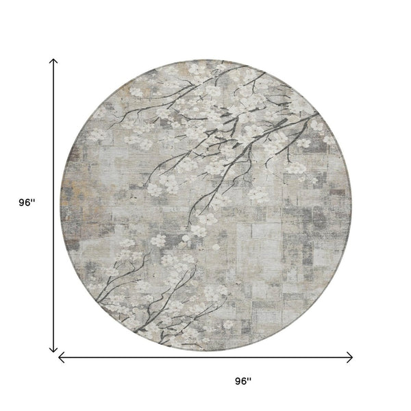 HomeRoots 8' Beige Ivory and Gray Round Floral Area Rug - Washable, Durable, Indoor/Outdoor Charm for Any Space 640363