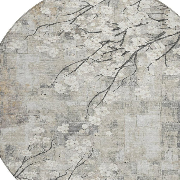 HomeRoots 8' Beige Ivory and Gray Round Floral Area Rug - Washable, Durable, Indoor/Outdoor Charm for Any Space 640363