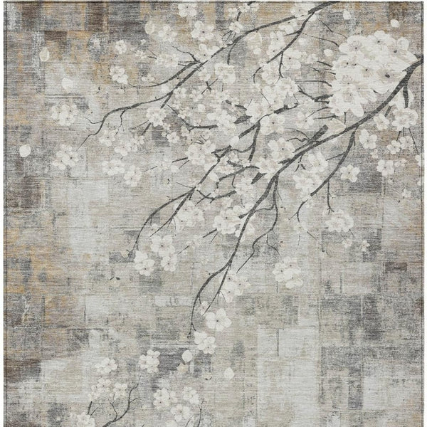 HomeRoots 9' X 12' Washable Beige Ivory Gray Floral Area Rug - Durable, Stylish, Perfect for Indoor & Outdoor Use 640365