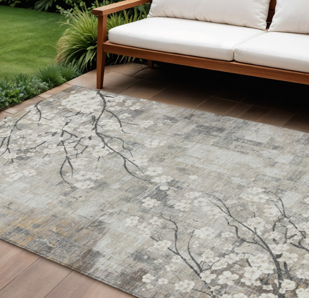 HomeRoots 9' X 12' Washable Beige Ivory Gray Floral Area Rug - Durable, Stylish, Perfect for Indoor & Outdoor Use 640365