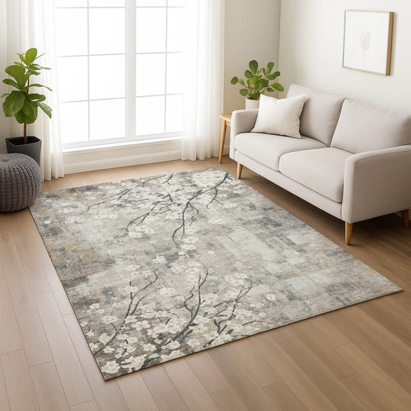 HomeRoots 9' X 12' Washable Beige Ivory Gray Floral Area Rug - Durable, Stylish, Perfect for Indoor & Outdoor Use 640365