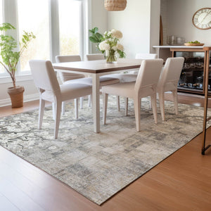 HomeRoots 9' X 12' Washable Beige Ivory Gray Floral Area Rug - Durable, Stylish, Perfect for Indoor & Outdoor Use 640365