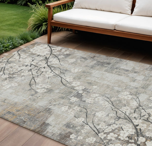 HomeRoots 10' Beige Ivory and Gray Floral Area Rug - Washable, Durable, Indoor/Outdoor - Perfect for High Traffic! 640366