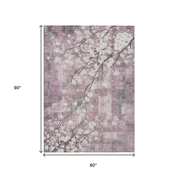 HomeRoots 5' X 8' Blush Ivory Gray Floral Area Rug – Stylish, Washable, Indoor-Outdoor Design for High-Traffic Use 640368