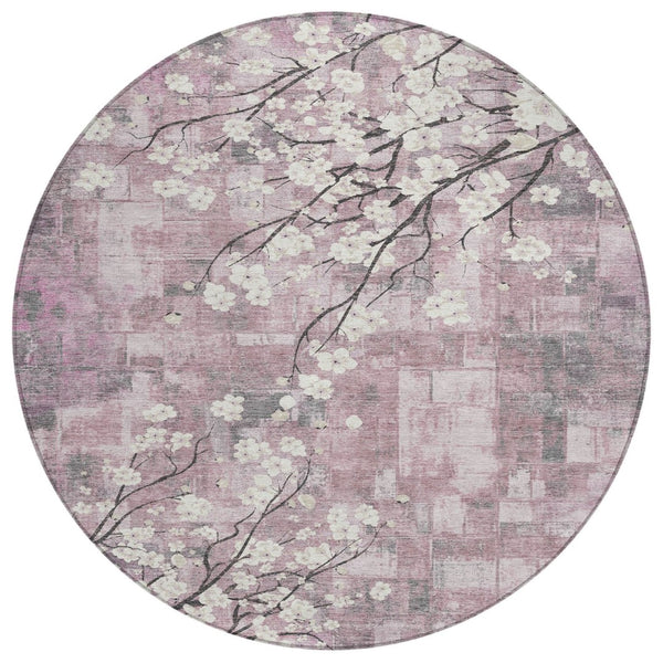 HomeRoots 8' Blush Ivory & Gray Round Floral Area Rug - Stylish, Washable, Indoor/Outdoor Décor for Every Space 640369