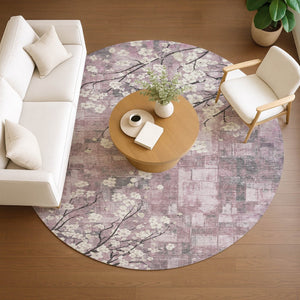 HomeRoots 8' Blush Ivory & Gray Round Floral Area Rug - Stylish, Washable, Indoor/Outdoor Décor for Every Space 640369