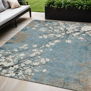HomeRoots 5' X 8' Washable Denim Blue Floral Area Rug - Durable, Stylish & Easy-Care for Indoor/Outdoor Use 640374