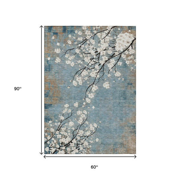 HomeRoots 5' X 8' Washable Denim Blue Floral Area Rug - Durable, Stylish & Easy-Care for Indoor/Outdoor Use 640374