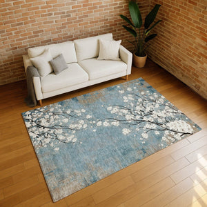 HomeRoots 5' X 8' Washable Denim Blue Floral Area Rug - Durable, Stylish & Easy-Care for Indoor/Outdoor Use 640374