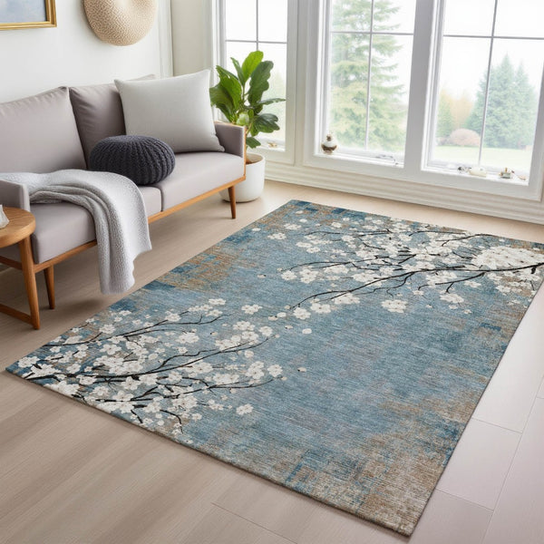 HomeRoots 5' X 8' Washable Denim Blue Floral Area Rug - Durable, Stylish & Easy-Care for Indoor/Outdoor Use 640374