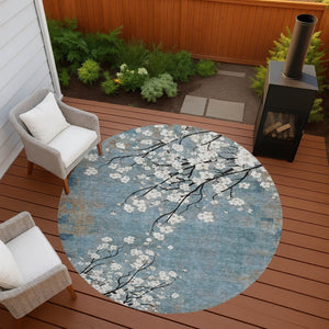 HomeRoots 8' Round Washable Area Rug in Denim Blue, Ivory & Taupe – Stylish Floral Design for Indoor/Outdoor Use 640375