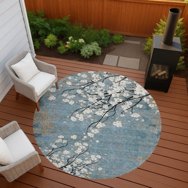 HomeRoots 8' Round Washable Area Rug in Denim Blue, Ivory & Taupe – Stylish Floral Design for Indoor/Outdoor Use 640375