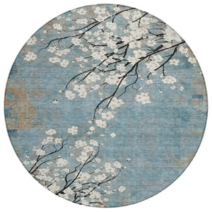 HomeRoots 8' Round Washable Area Rug in Denim Blue, Ivory & Taupe – Stylish Floral Design for Indoor/Outdoor Use 640375