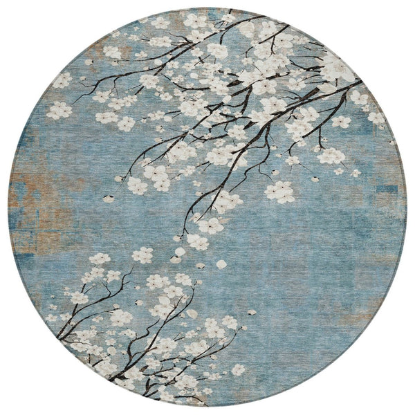 HomeRoots 8' Round Washable Area Rug in Denim Blue, Ivory & Taupe – Stylish Floral Design for Indoor/Outdoor Use 640375