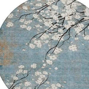HomeRoots 8' Round Washable Area Rug in Denim Blue, Ivory & Taupe – Stylish Floral Design for Indoor/Outdoor Use 640375