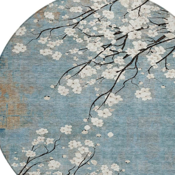 HomeRoots 8' Round Washable Area Rug in Denim Blue, Ivory & Taupe – Stylish Floral Design for Indoor/Outdoor Use 640375