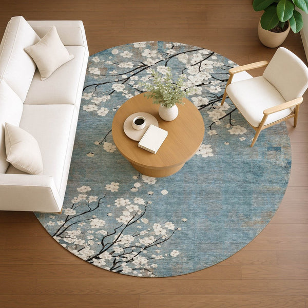 HomeRoots 8' Round Washable Area Rug in Denim Blue, Ivory & Taupe – Stylish Floral Design for Indoor/Outdoor Use 640375