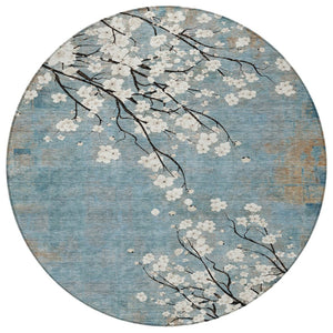 HomeRoots 8' Round Washable Area Rug in Denim Blue, Ivory & Taupe – Stylish Floral Design for Indoor/Outdoor Use 640375