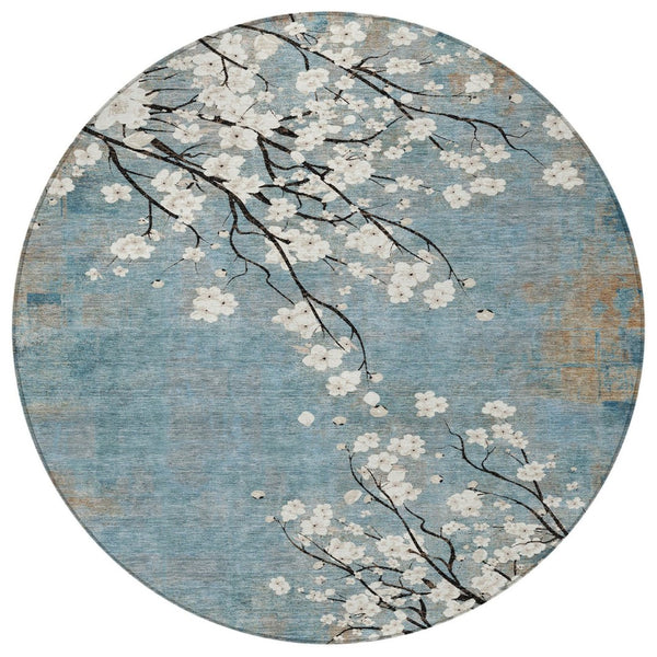 HomeRoots 8' Round Washable Area Rug in Denim Blue, Ivory & Taupe – Stylish Floral Design for Indoor/Outdoor Use 640375