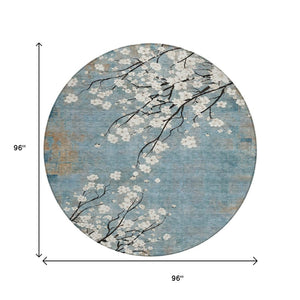 HomeRoots 8' Round Washable Area Rug in Denim Blue, Ivory & Taupe – Stylish Floral Design for Indoor/Outdoor Use 640375