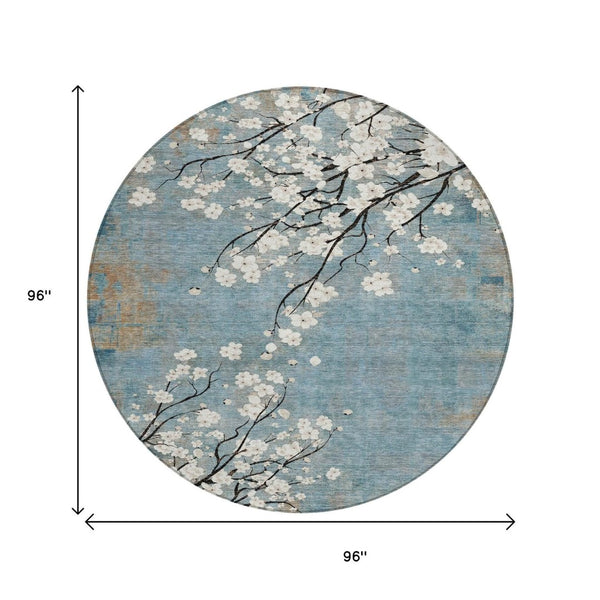 HomeRoots 8' Round Washable Area Rug in Denim Blue, Ivory & Taupe – Stylish Floral Design for Indoor/Outdoor Use 640375