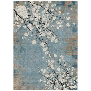 HomeRoots 9' X 12' Durable Denim Blue Floral Area Rug - Washable, Stain-Resistant for Indoor & Outdoor Use! 640377