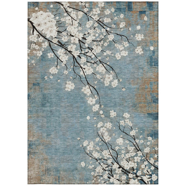 HomeRoots 9' X 12' Durable Denim Blue Floral Area Rug - Washable, Stain-Resistant for Indoor & Outdoor Use! 640377