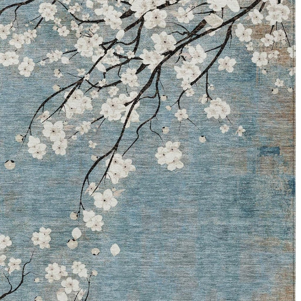 HomeRoots 9' X 12' Durable Denim Blue Floral Area Rug - Washable, Stain-Resistant for Indoor & Outdoor Use! 640377