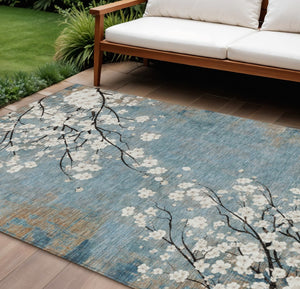 HomeRoots 10' Denim Blue Floral Washable Area Rug - Indoor/Outdoor Durable Design for Elegant Living Spaces 640378