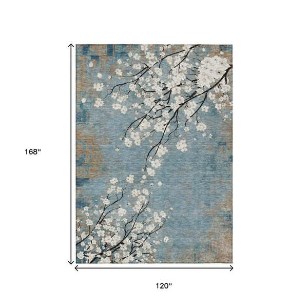 HomeRoots 10' Denim Blue Floral Washable Area Rug - Indoor/Outdoor Durable Design for Elegant Living Spaces 640378