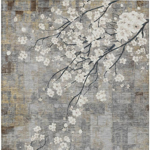 HomeRoots 5' Stylish Gray Ivory and Silver Floral Washable Area Rug for Indoor and Outdoor Elegance 640380