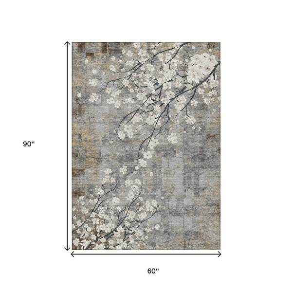 HomeRoots 5' Stylish Gray Ivory and Silver Floral Washable Area Rug for Indoor and Outdoor Elegance 640380