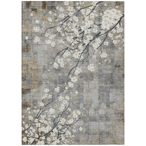 HomeRoots 5' Stylish Gray Ivory and Silver Floral Washable Area Rug for Indoor and Outdoor Elegance 640380