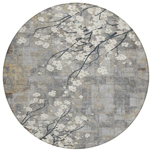 HomeRoots 8' Gray Ivory and Silver Round Floral Washable Area Rug - Stylish, Durable, Indoor/Outdoor Charm! 640381