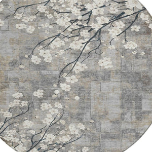 HomeRoots 8' Gray Ivory and Silver Round Floral Washable Area Rug - Stylish, Durable, Indoor/Outdoor Charm! 640381