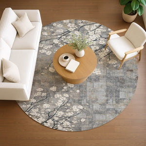 HomeRoots 8' Gray Ivory and Silver Round Floral Washable Area Rug - Stylish, Durable, Indoor/Outdoor Charm! 640381
