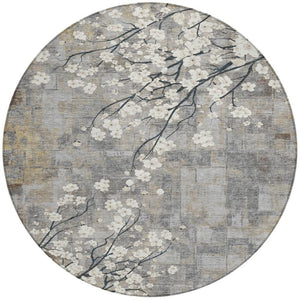 HomeRoots 8' Gray Ivory and Silver Round Floral Washable Area Rug - Stylish, Durable, Indoor/Outdoor Charm! 640381
