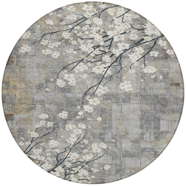 HomeRoots 8' Gray Ivory and Silver Round Floral Washable Area Rug - Stylish, Durable, Indoor/Outdoor Charm! 640381