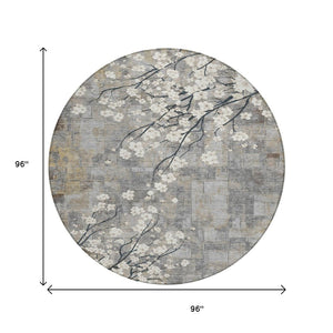 HomeRoots 8' Gray Ivory and Silver Round Floral Washable Area Rug - Stylish, Durable, Indoor/Outdoor Charm! 640381