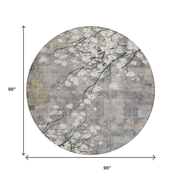 HomeRoots 8' Gray Ivory and Silver Round Floral Washable Area Rug - Stylish, Durable, Indoor/Outdoor Charm! 640381