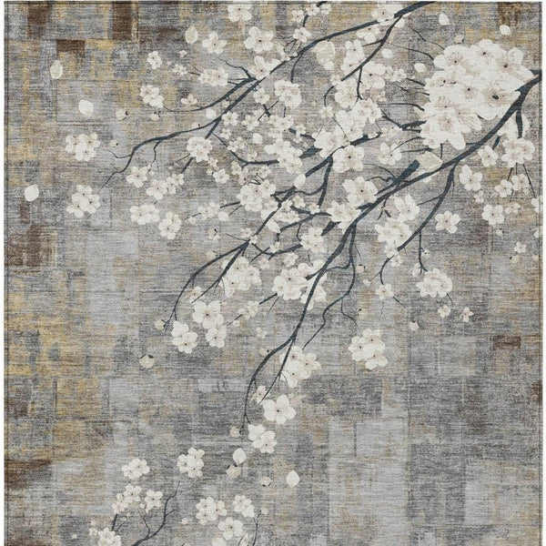 HomeRoots 8' Gray Ivory Silver Floral Washable Area Rug - Durable, Stylish for Indoor & Outdoor Spaces! 640382