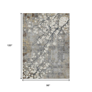 HomeRoots 8' Gray Ivory Silver Floral Washable Area Rug - Durable, Stylish for Indoor & Outdoor Spaces! 640382