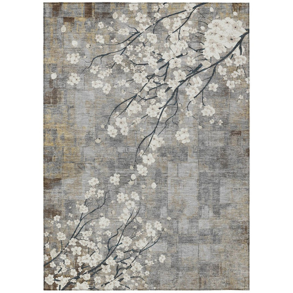 HomeRoots 8' Gray Ivory Silver Floral Washable Area Rug - Durable, Stylish for Indoor & Outdoor Spaces! 640382