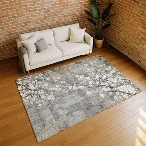 HomeRoots 8' Gray Ivory Silver Floral Washable Area Rug - Durable, Stylish for Indoor & Outdoor Spaces! 640382